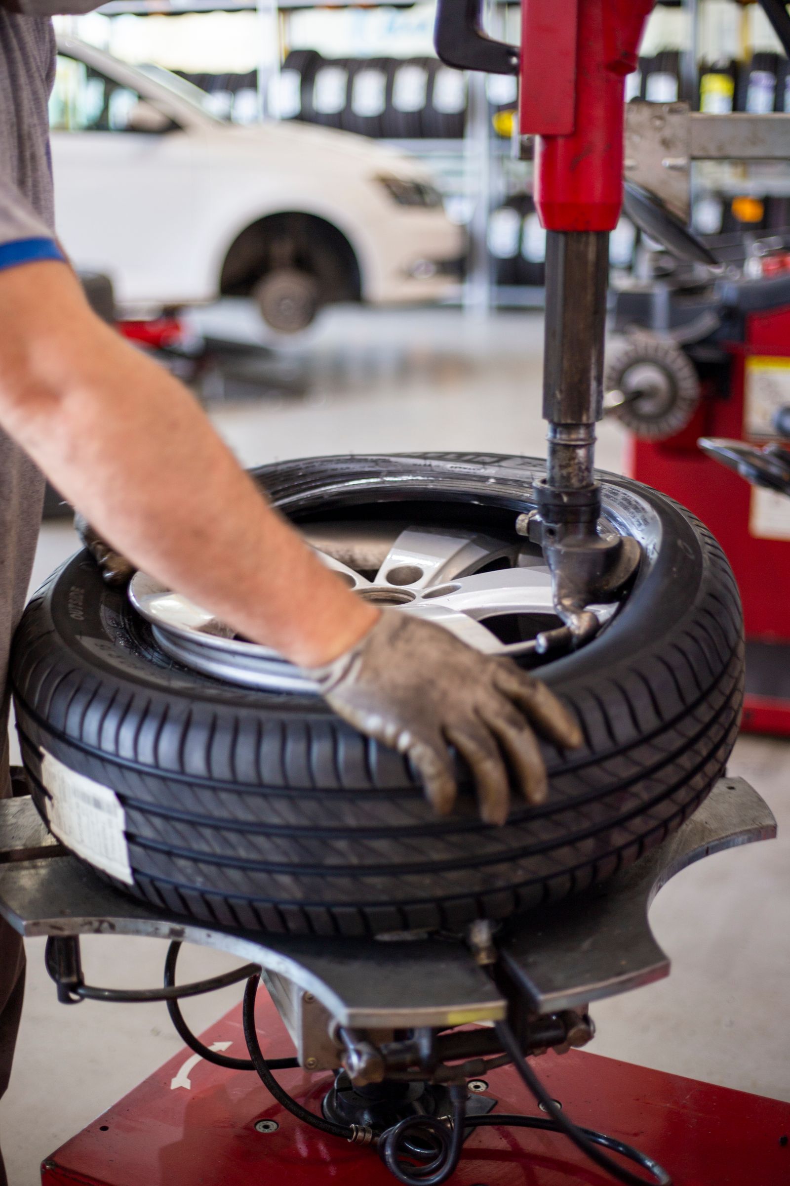 Tire being mounted on a machine