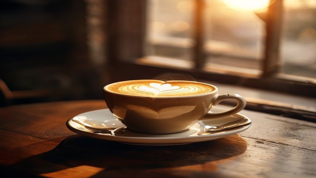Latte art in a cup on a coffee shop table
